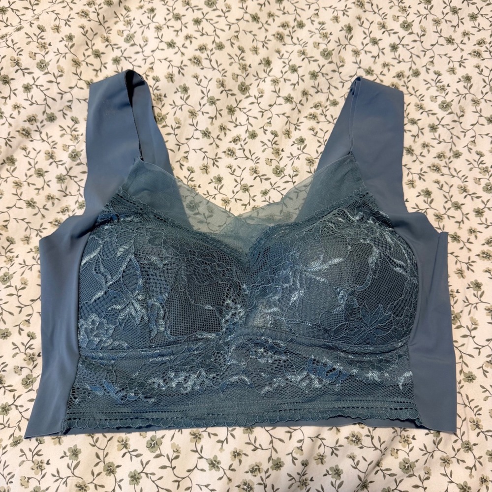 Women's L Steel Blue Seamless Floral Lace Bralette V-Neck Comfort Bra Boho